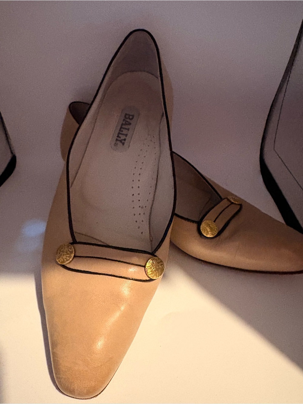 Bally Beige Leather Pointed Flats with Black Piping and Gold Buttons